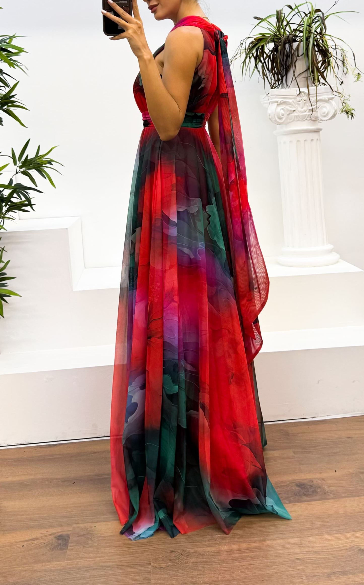 Neck Detail Patterned Chiffon Dress