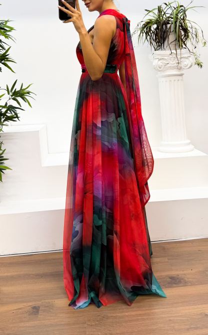 Neck Detail Patterned Chiffon Dress