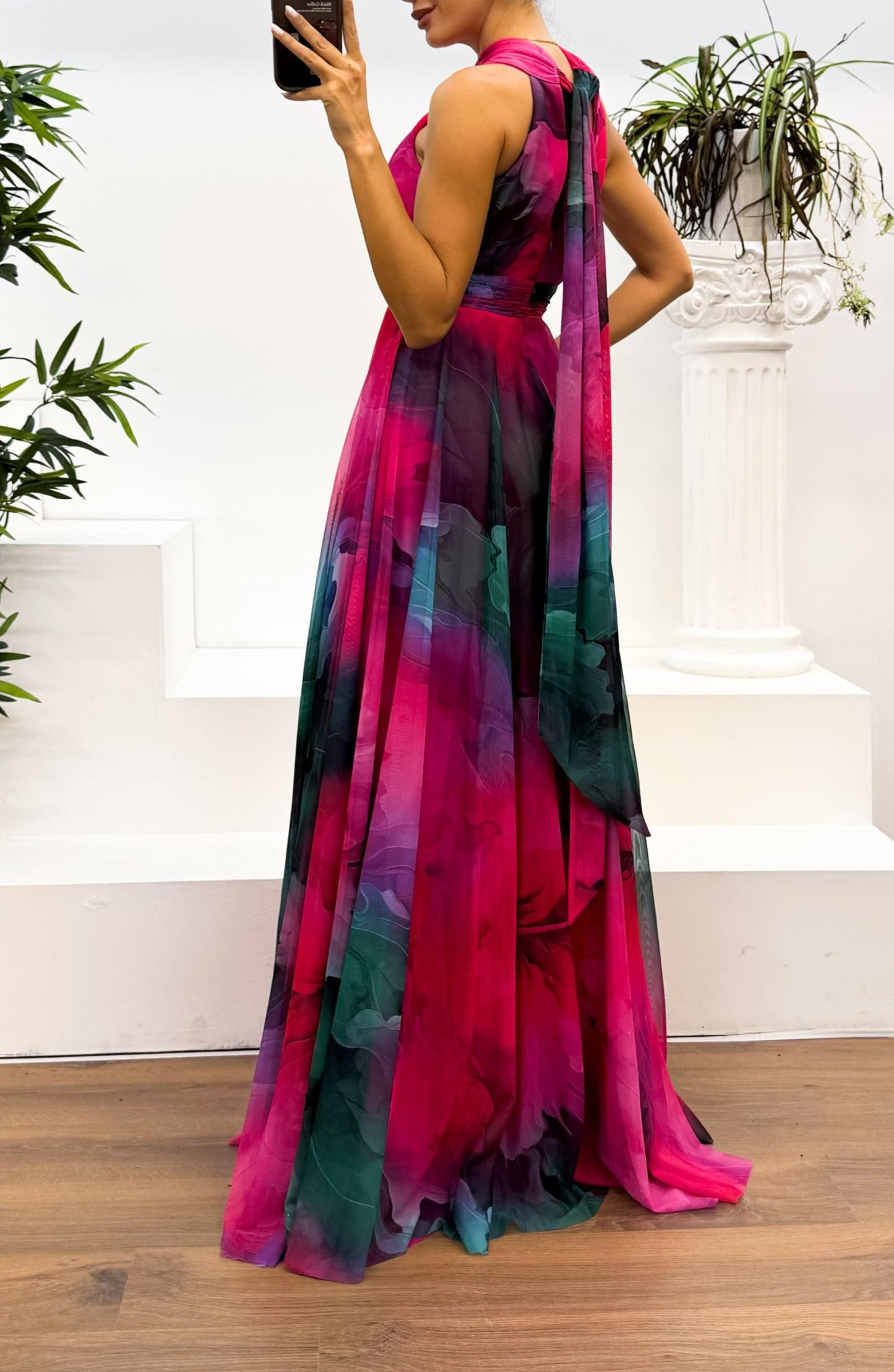 Neck Detail Patterned Chiffon Dress