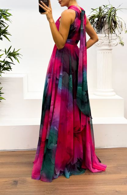 Neck Detail Patterned Chiffon Dress