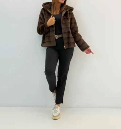 Two - Way Wear Brown Faux Fur Coat with Hood