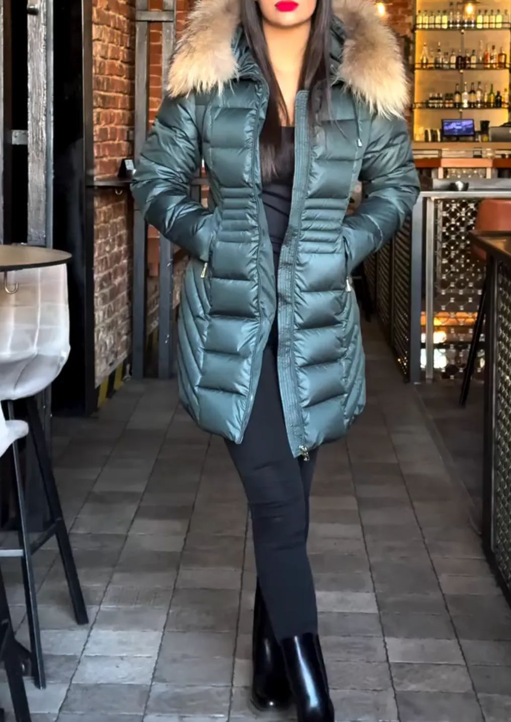 Teal Green Quilted Puffer Coat with Faux Fur - Trimmed Hood