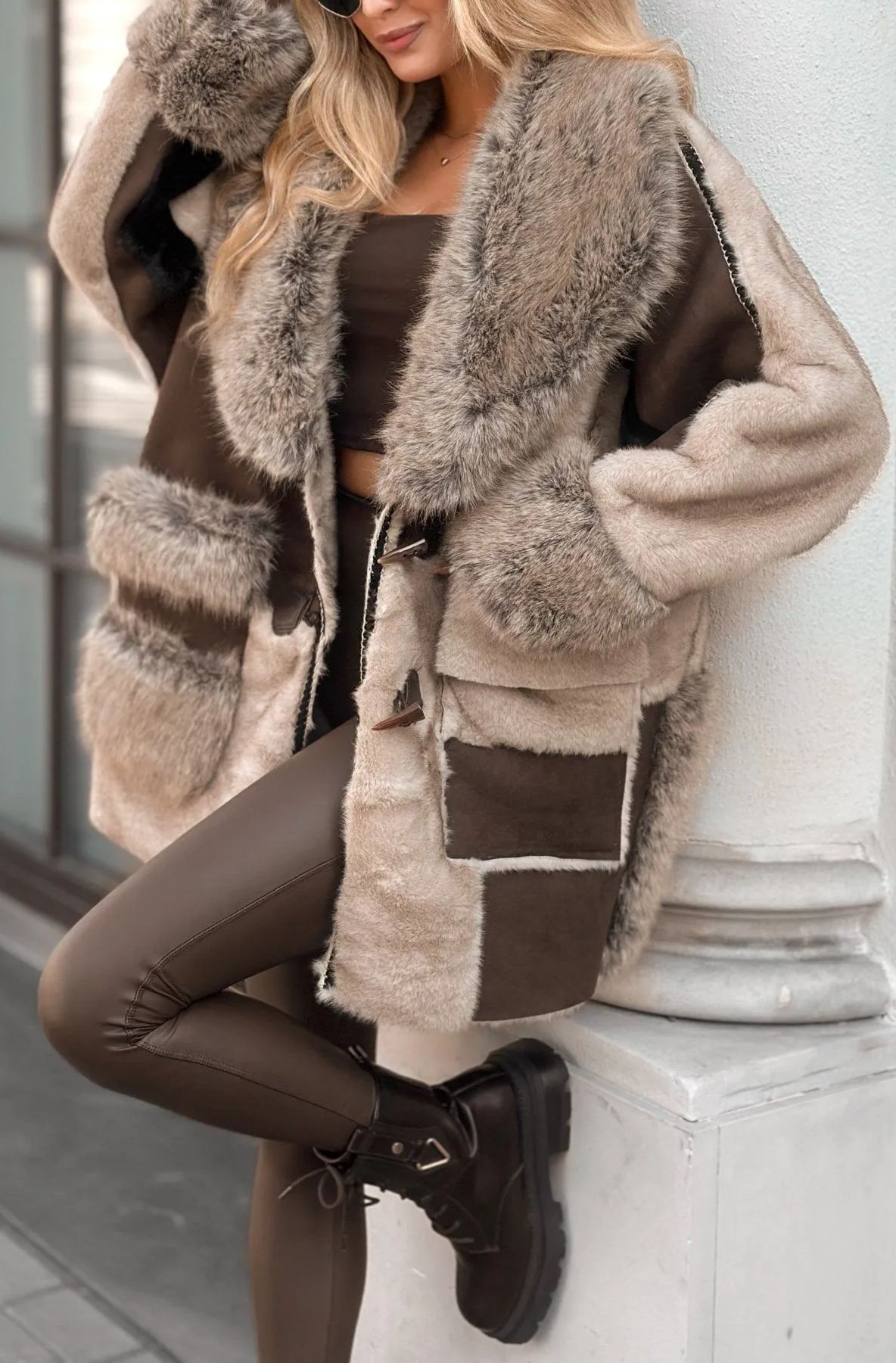 Caught In Mist beige and chocolate fur sheepskin coat