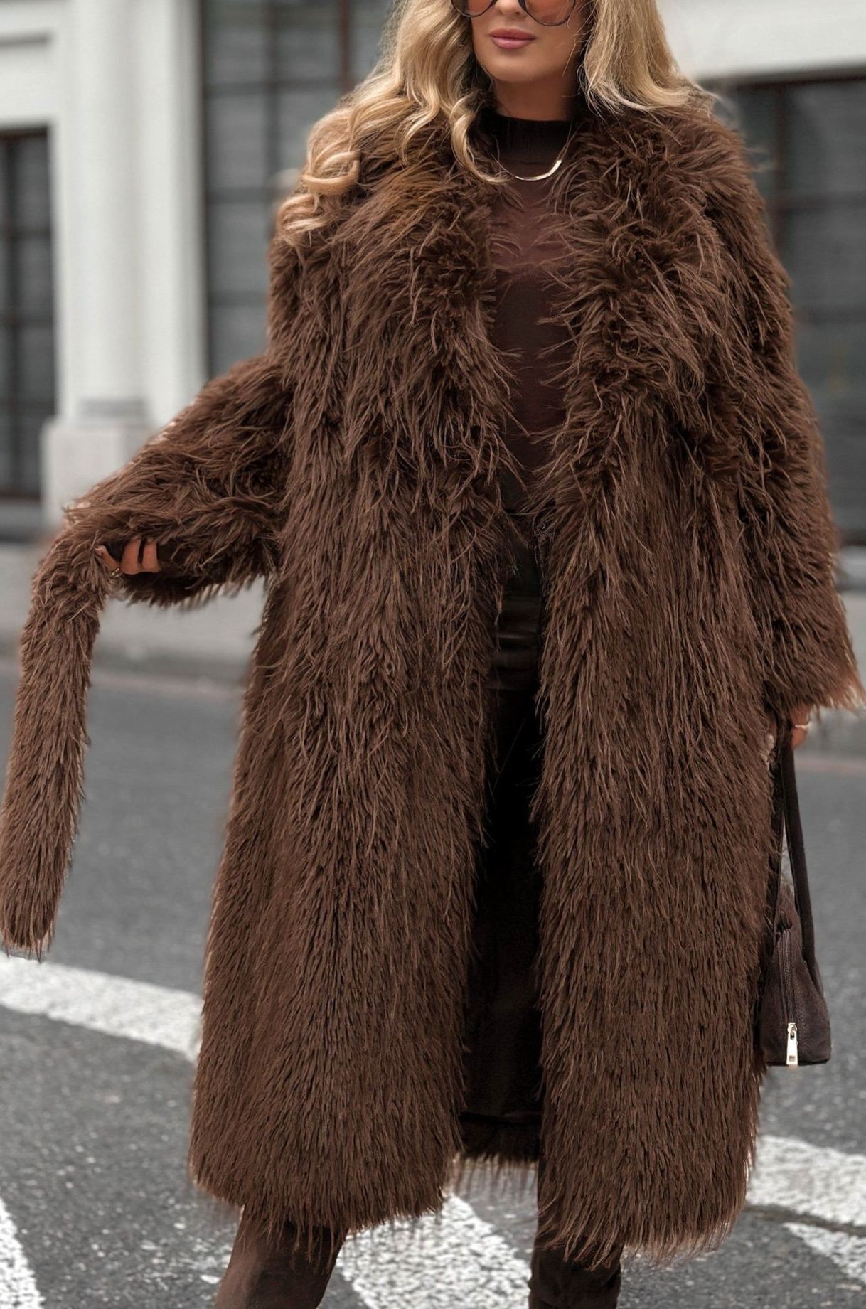 Long Wool-Blend Faux Fur Coat