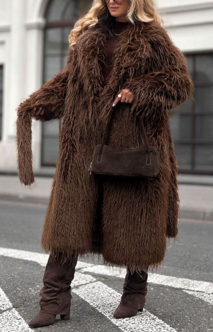 Long Wool-Blend Faux Fur Coat