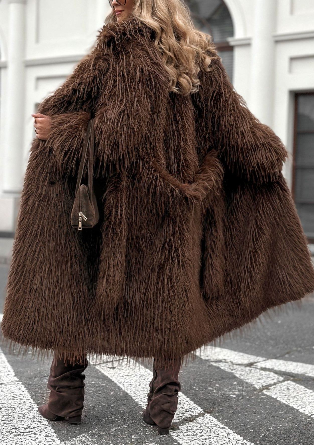 Long Wool-Blend Faux Fur Coat