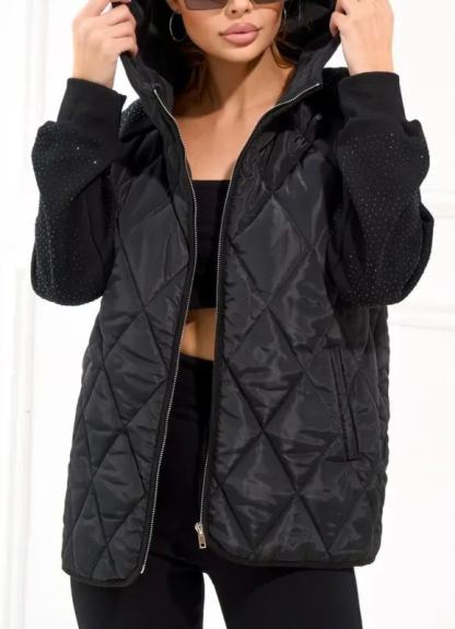 Quilted Jacket with Embellished Sleeves and Graphic Detail