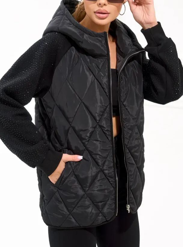 Quilted Jacket with Embellished Sleeves and Graphic Detail