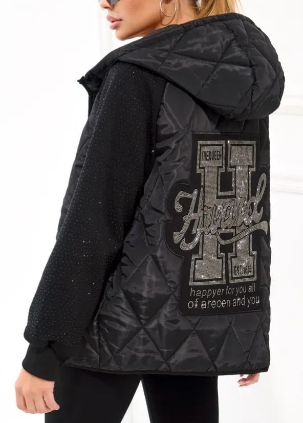 Quilted Jacket with Embellished Sleeves and Graphic Detail