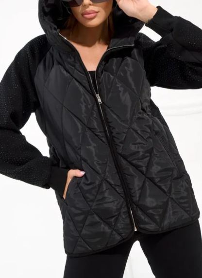 Quilted Jacket with Embellished Sleeves and Graphic Detail