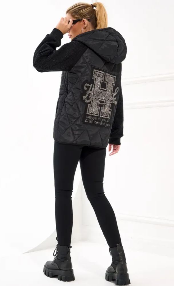 Quilted Jacket with Embellished Sleeves and Graphic Detail