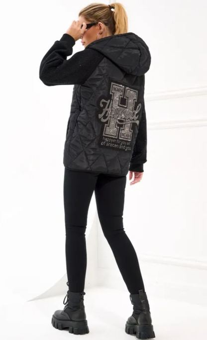 Quilted Jacket with Embellished Sleeves and Graphic Detail