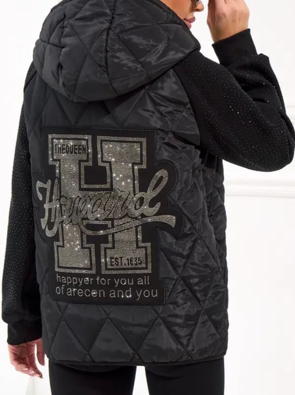 Quilted Jacket with Embellished Sleeves and Graphic Detail