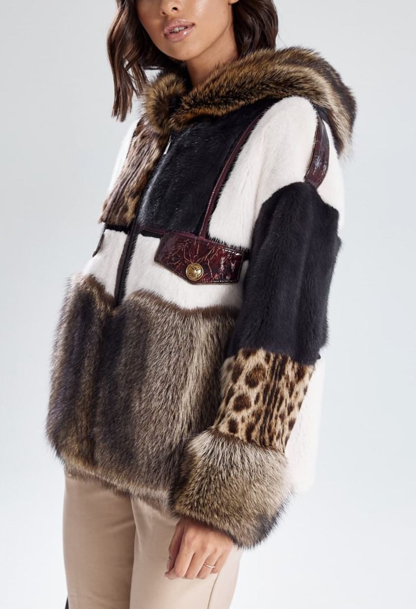 Patchwork Faux Fur Hooded Jacket