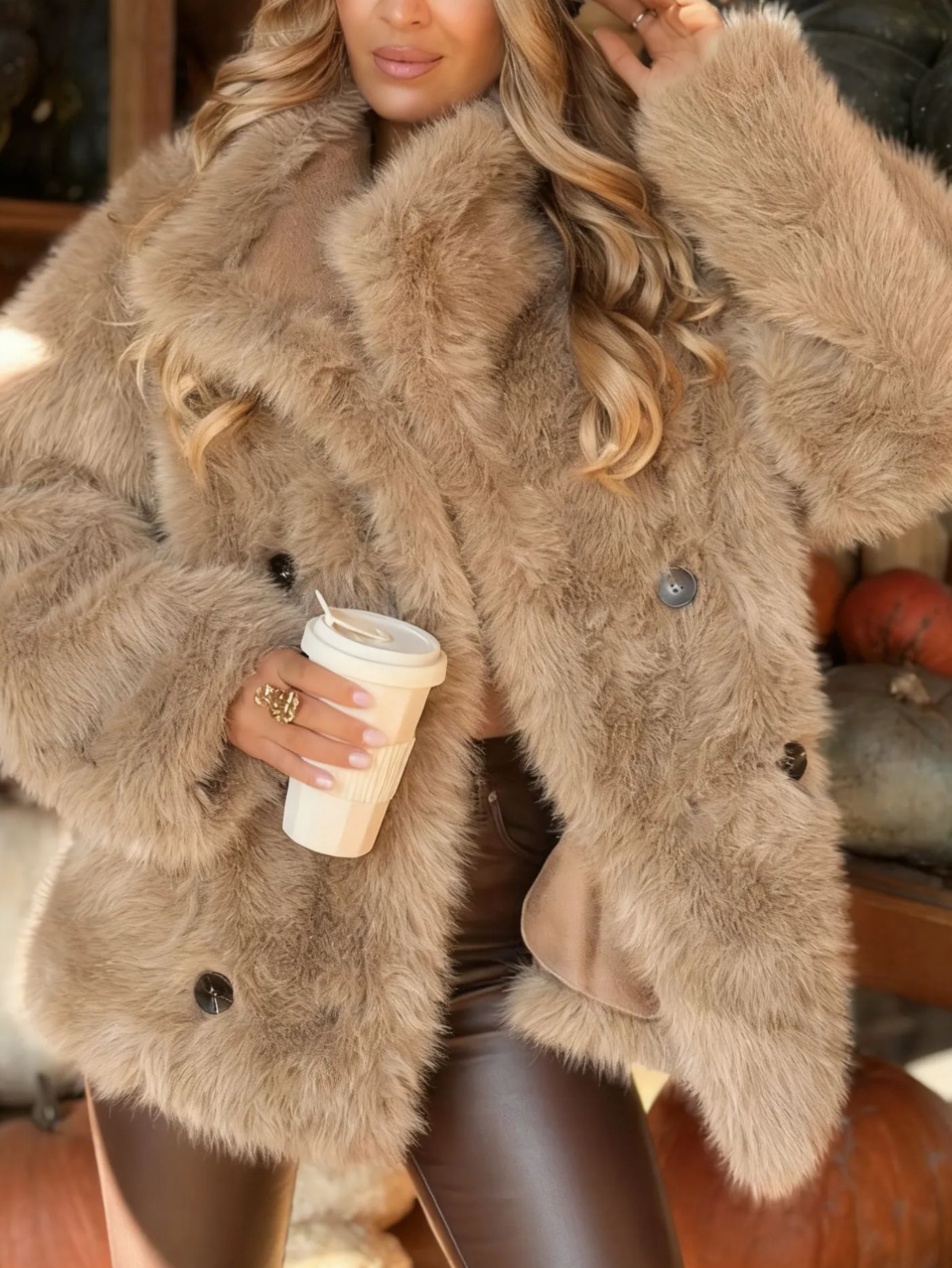 Mocha-colored double-faced suede fur coat
