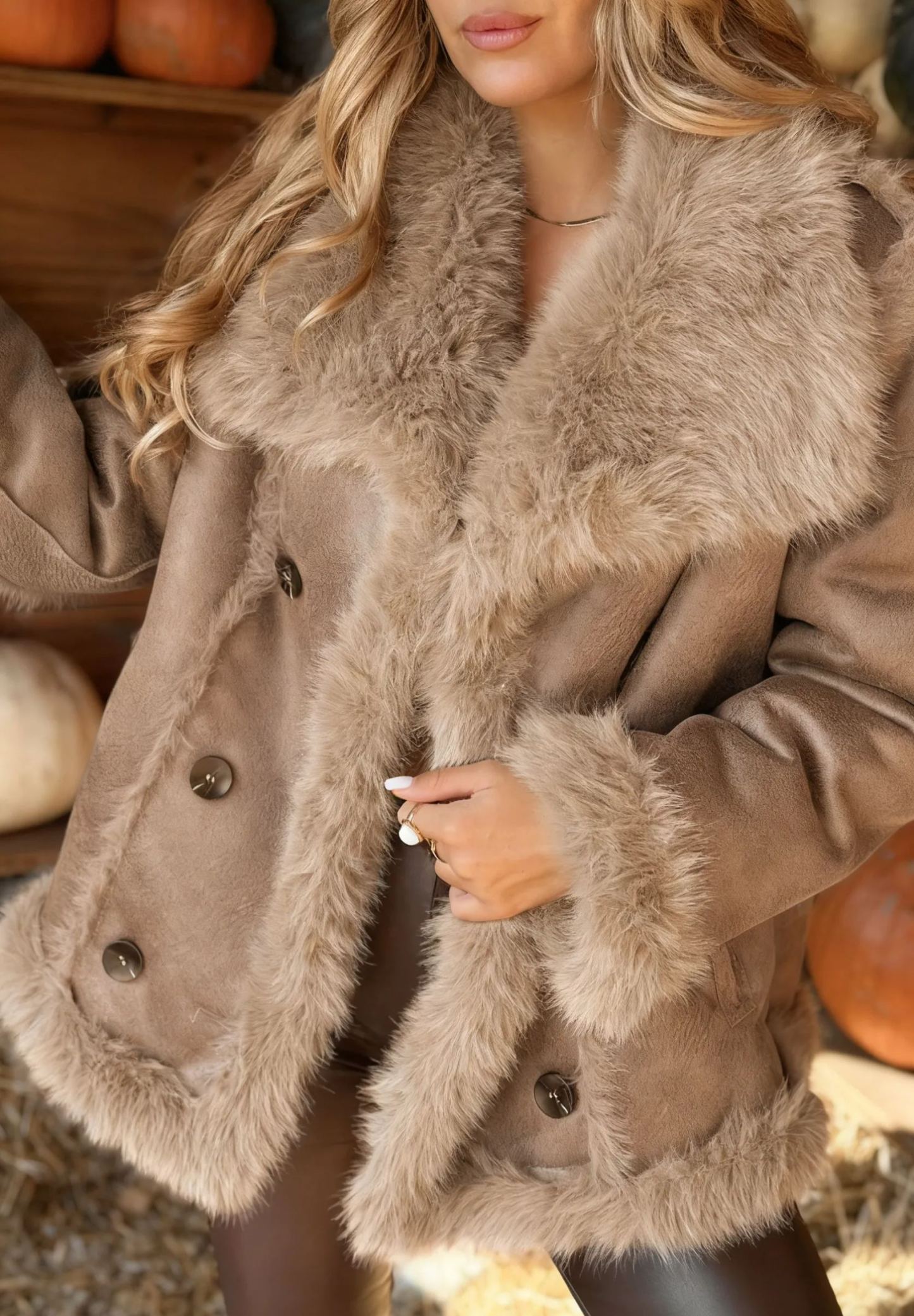 Mocha-colored double-faced suede fur coat