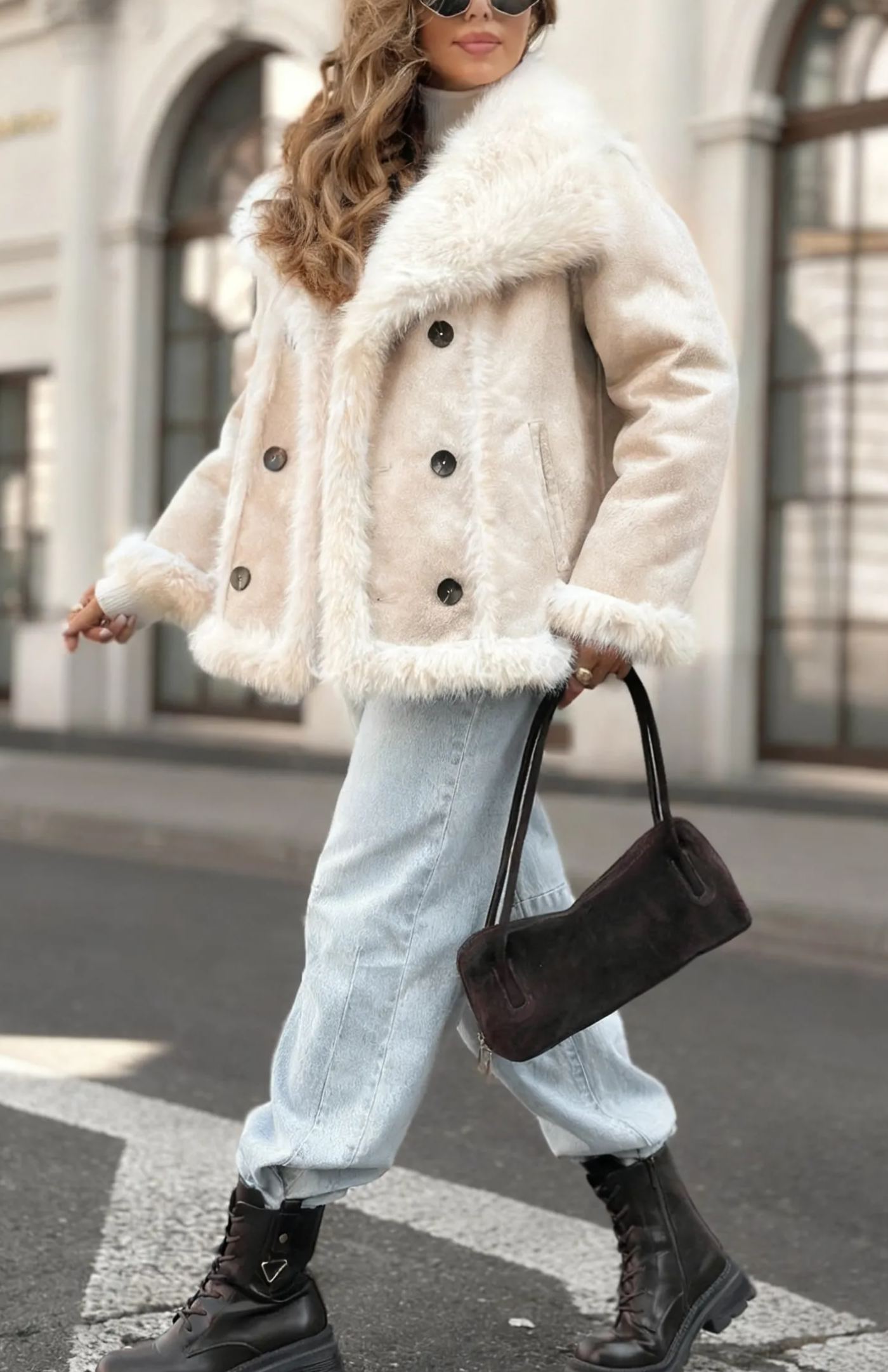 Mocha-colored double-faced suede fur coat