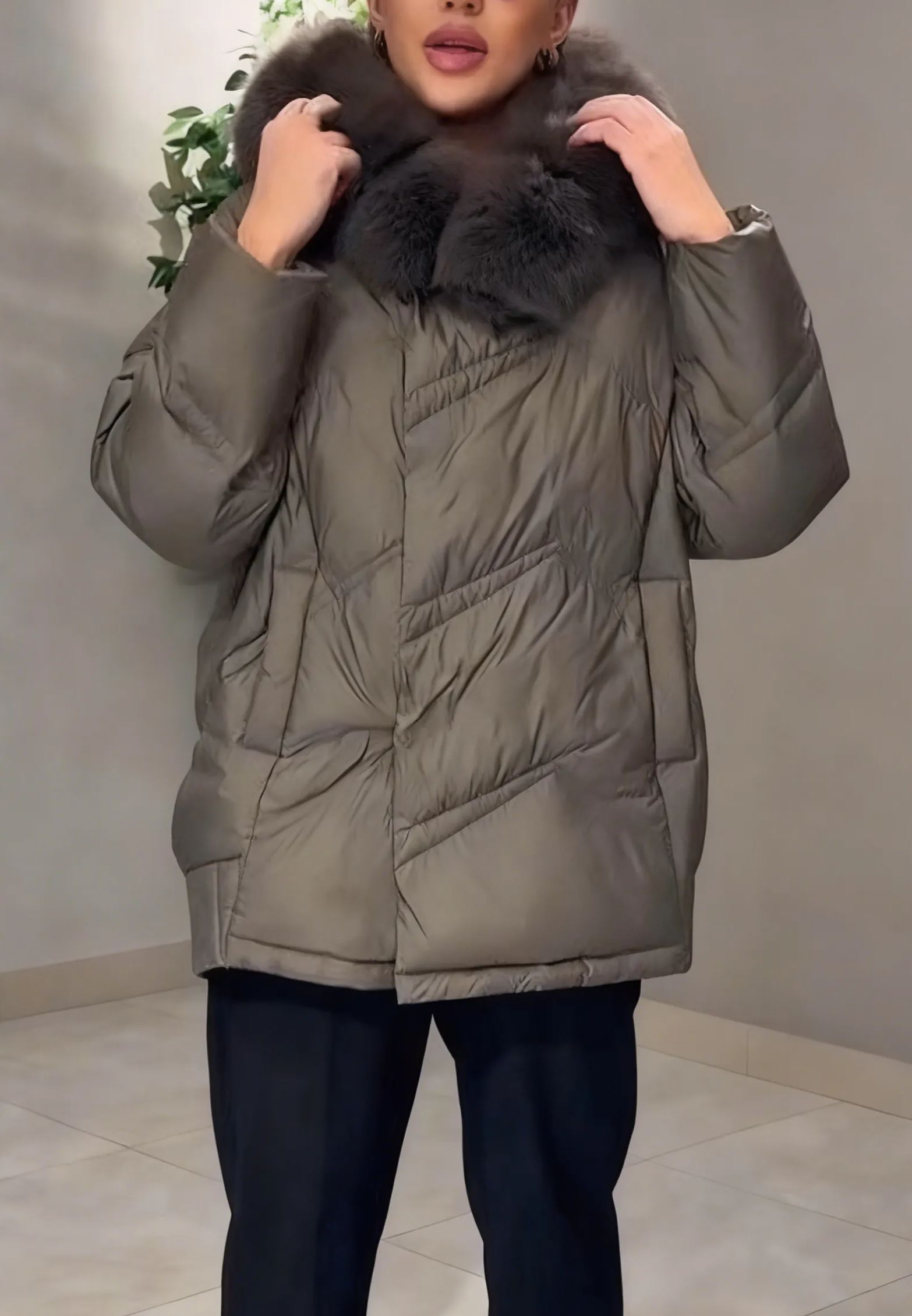 Quilted down jacket with fur collar