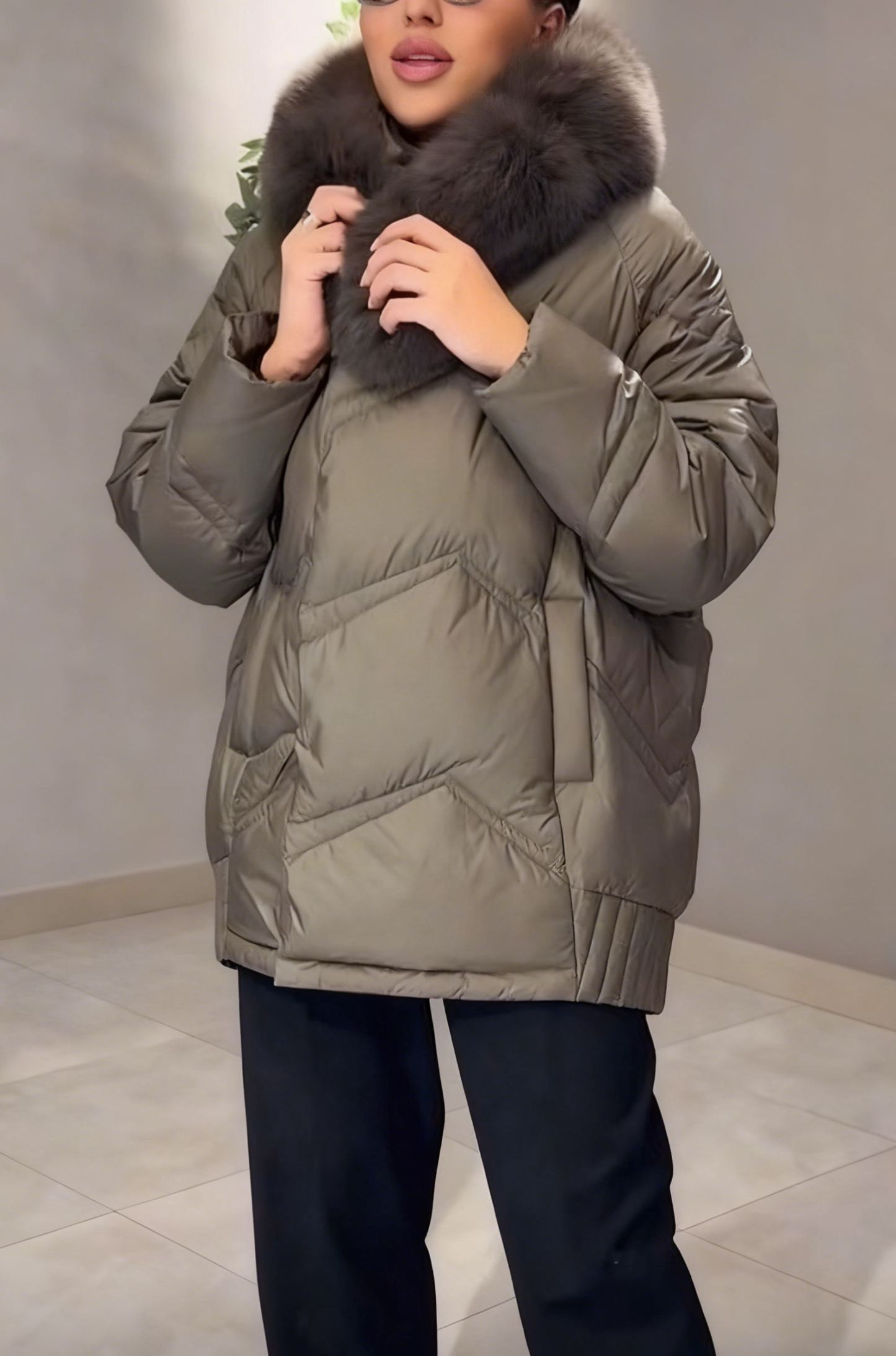 Quilted down jacket with fur collar