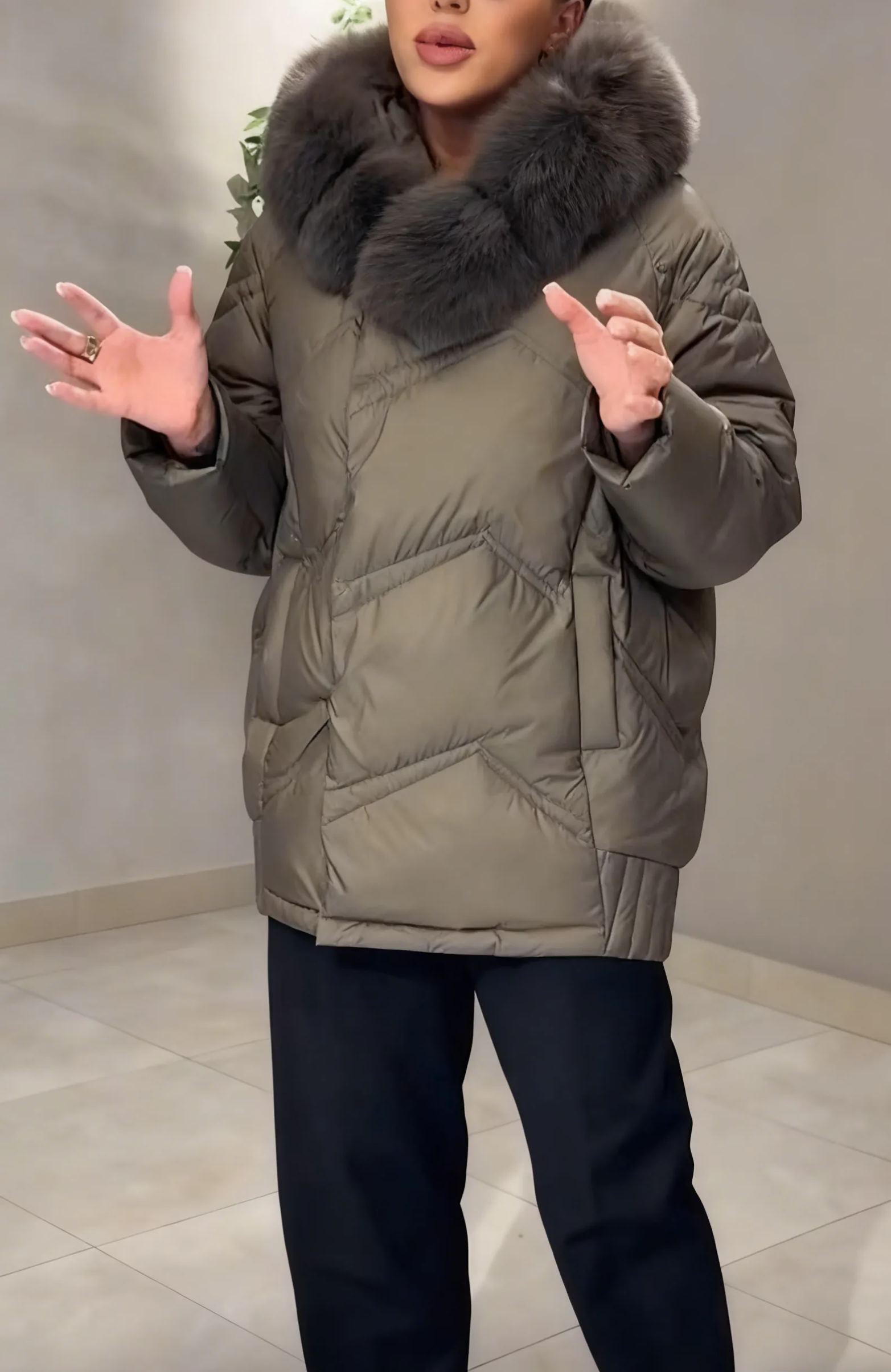 Quilted down jacket with fur collar