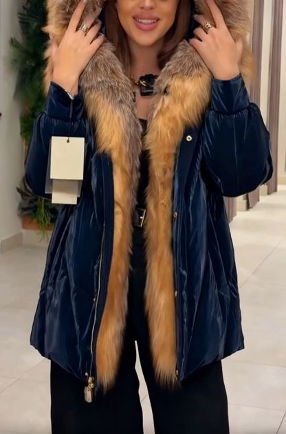 Faux Fur-Trimmed Velvet Hooded Down Jacket