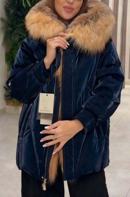 Faux Fur-Trimmed Velvet Hooded Down Jacket