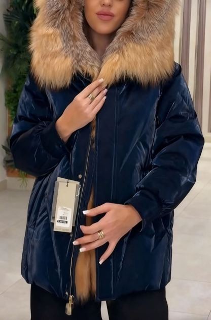 Faux Fur-Trimmed Velvet Hooded Down Jacket