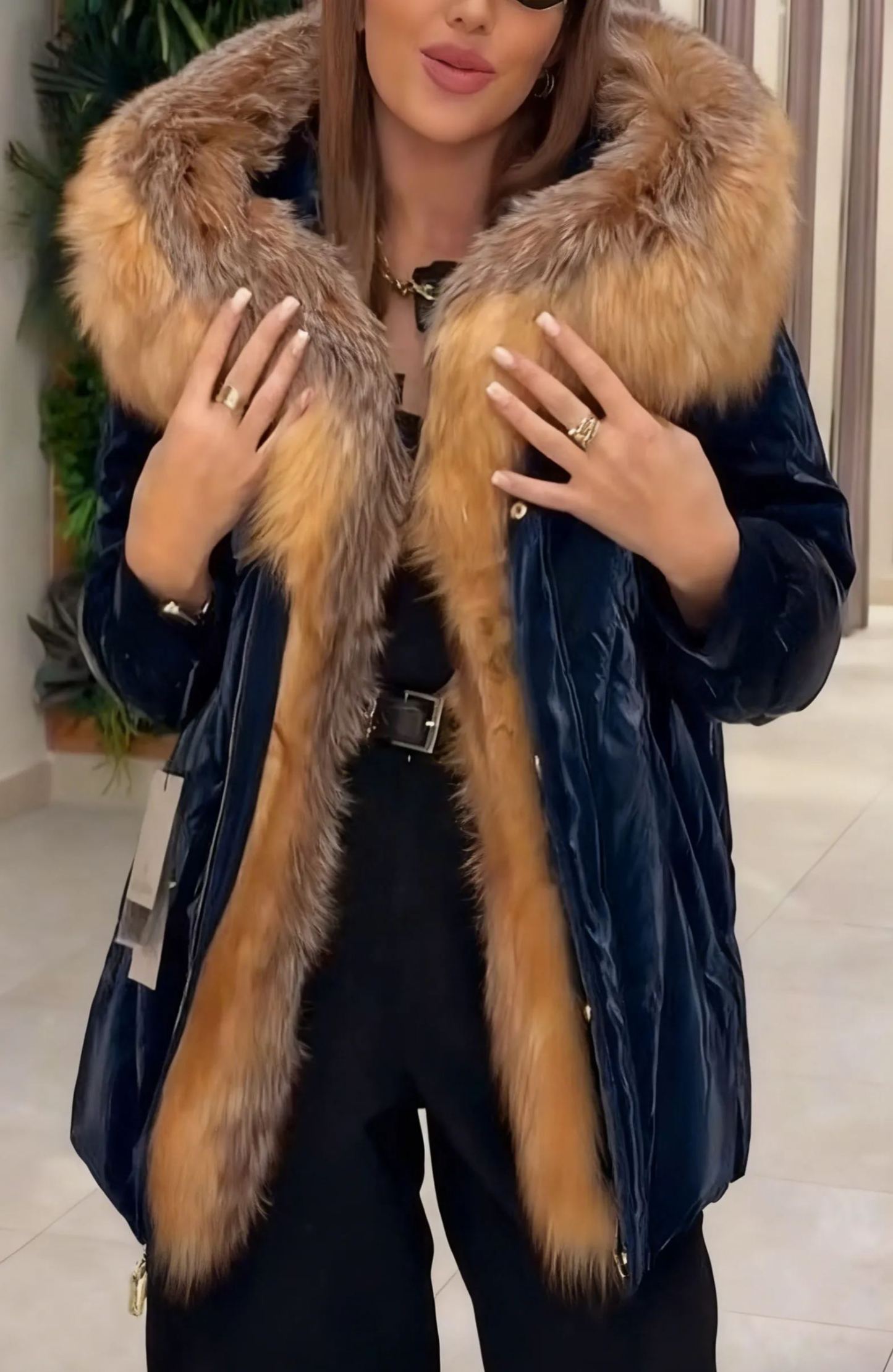 Faux Fur-Trimmed Velvet Hooded Down Jacket