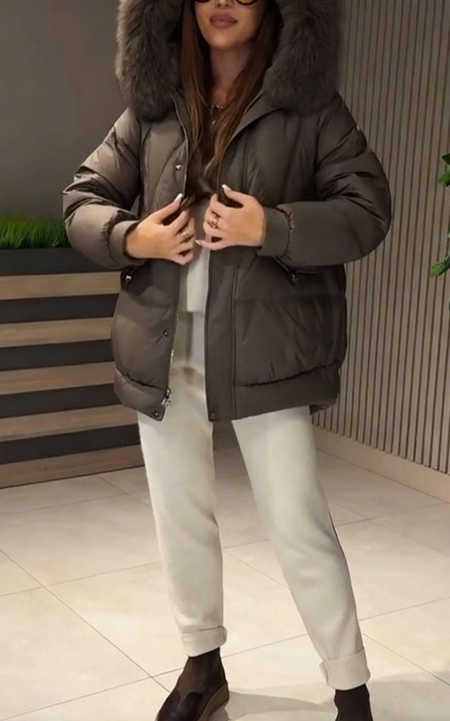 Hooded Puffer Jacket with Fur Trim