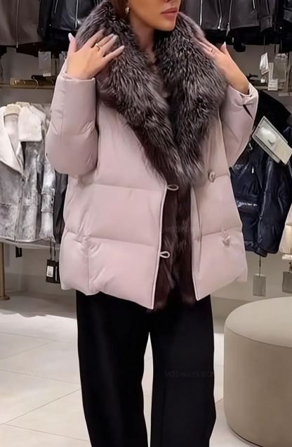 Belted Puffer Jacket with Fur Collar