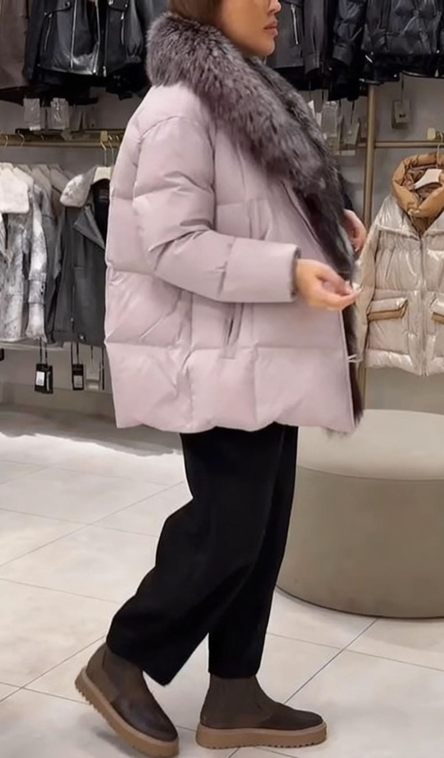 Belted Puffer Jacket with Fur Collar