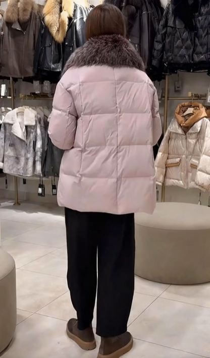 Belted Puffer Jacket with Fur Collar