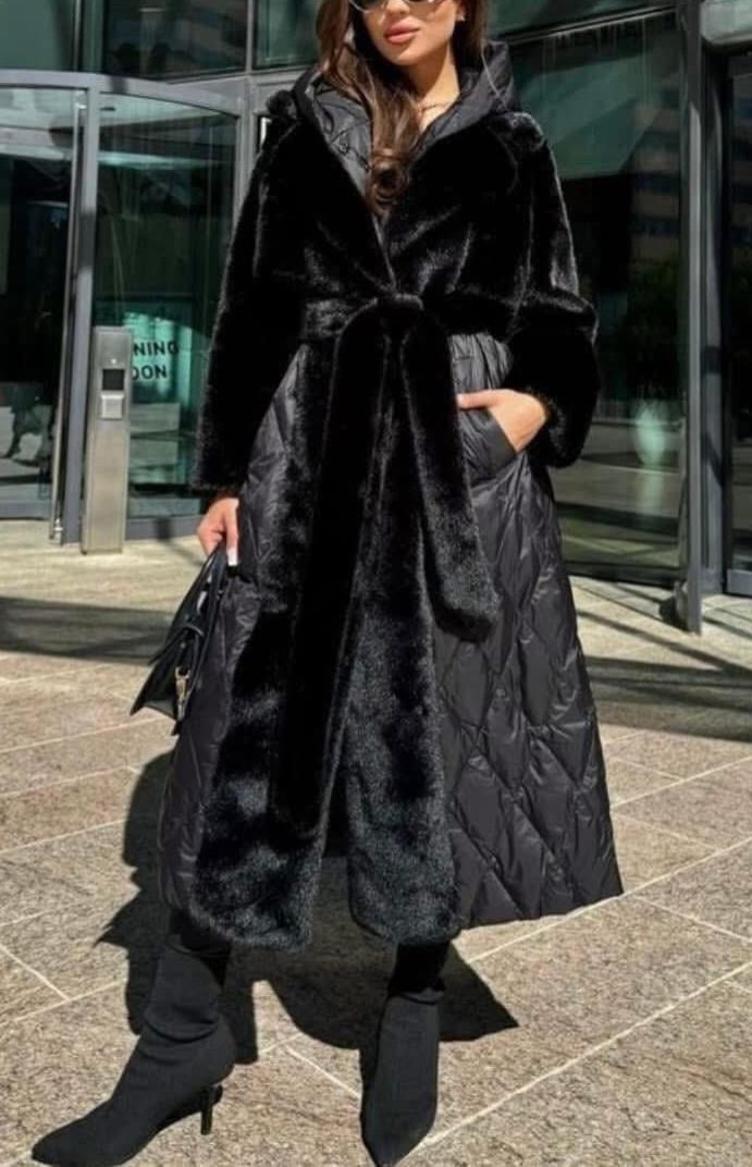 Long faux fur and down jacket combo coat