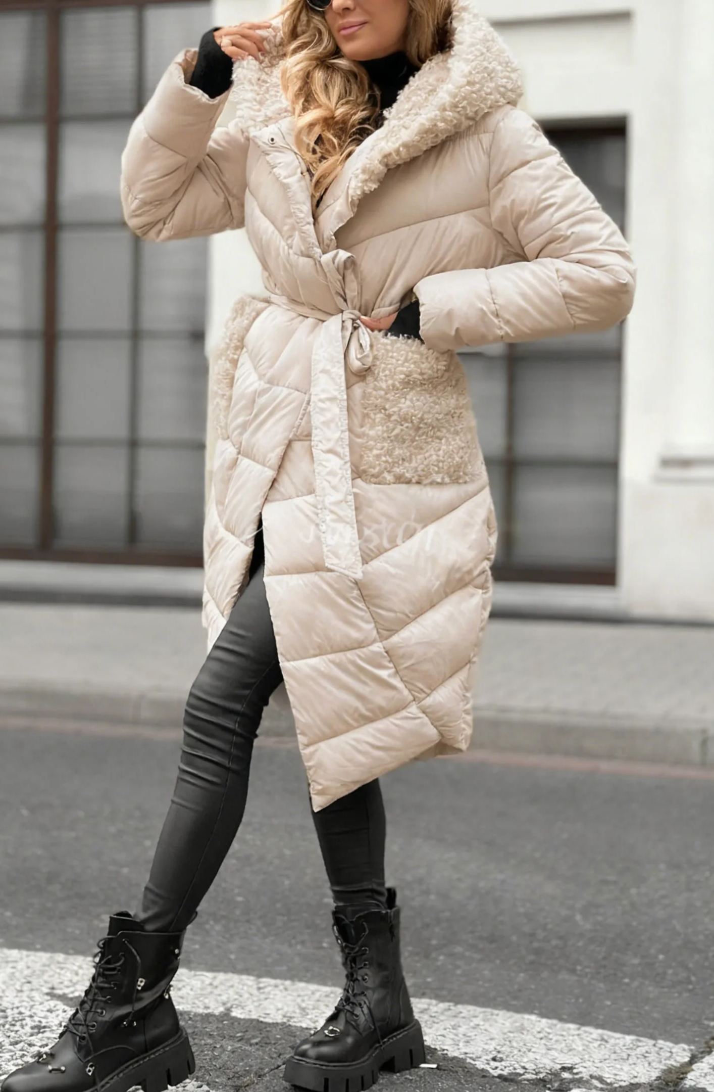 Longline Puffer Coat with Shearling Trim & Self-Tie Belt