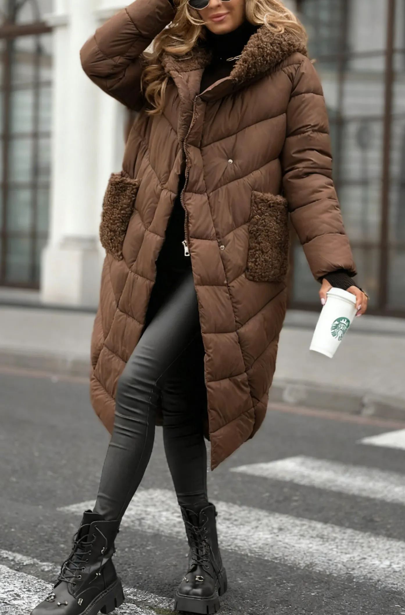 Longline Puffer Coat with Shearling Trim & Self-Tie Belt