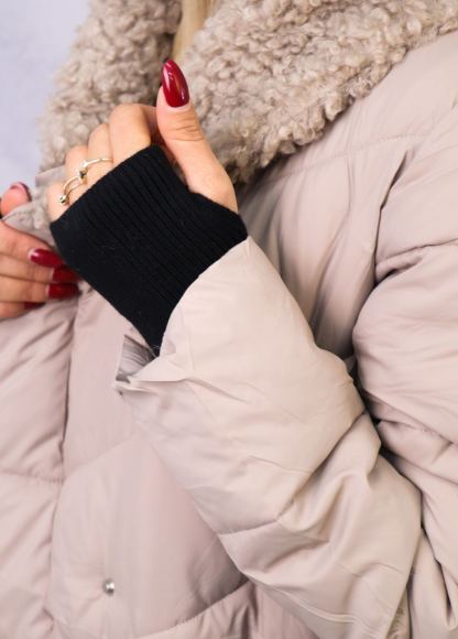 Longline Puffer Coat with Shearling Trim & Self-Tie Belt