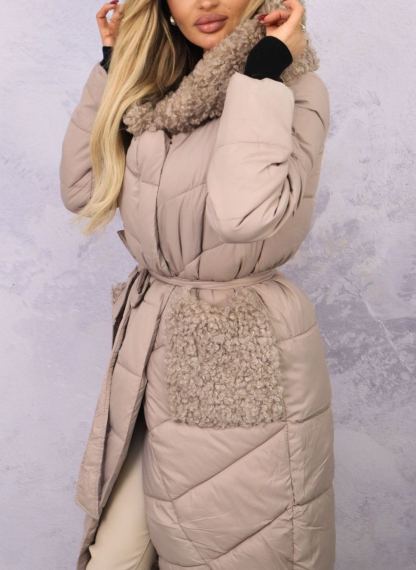 Longline Puffer Coat with Shearling Trim & Self-Tie Belt
