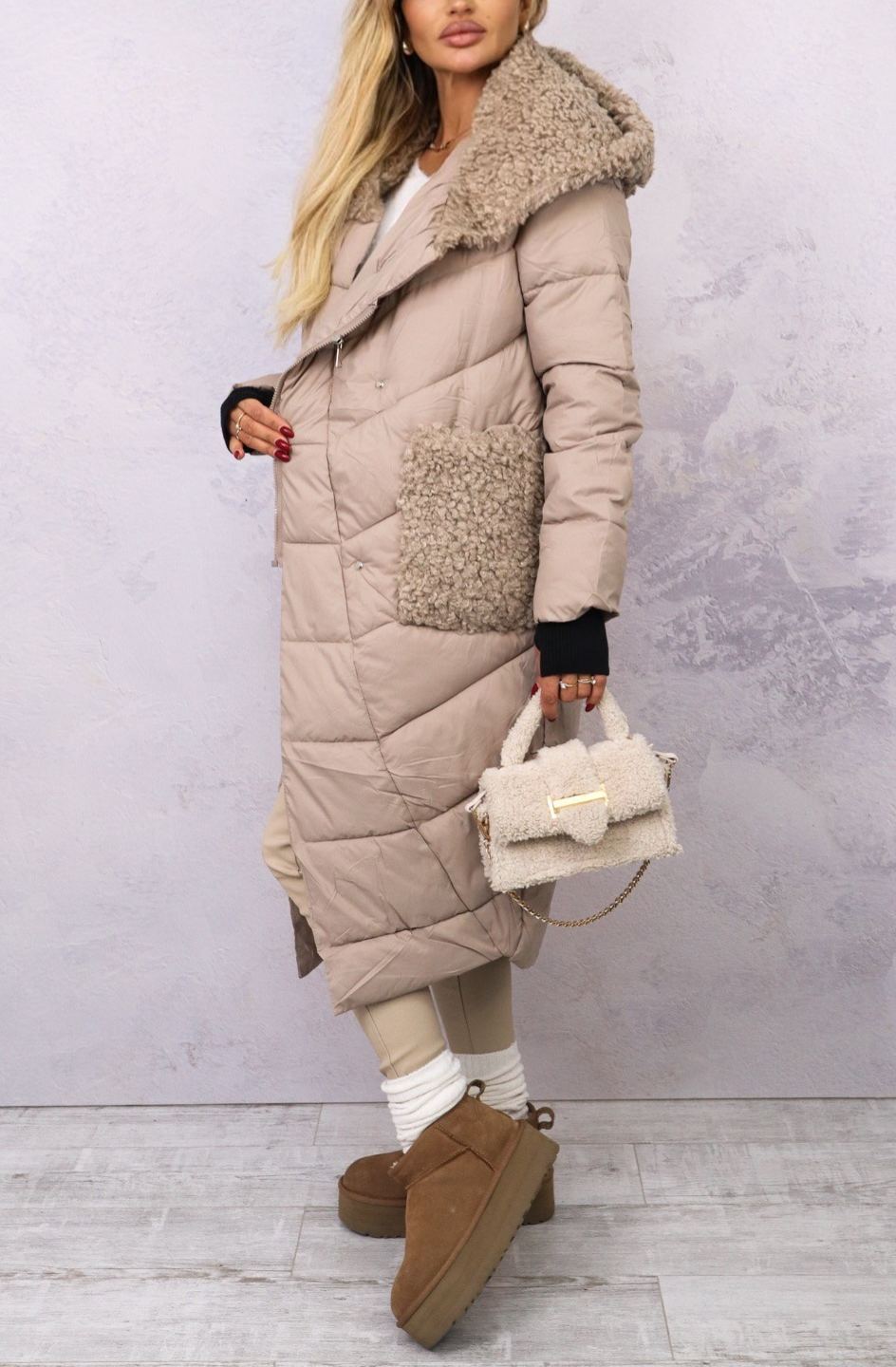 Longline Puffer Coat with Shearling Trim & Self-Tie Belt