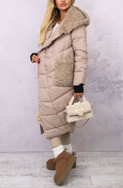 Longline Puffer Coat with Shearling Trim & Self-Tie Belt