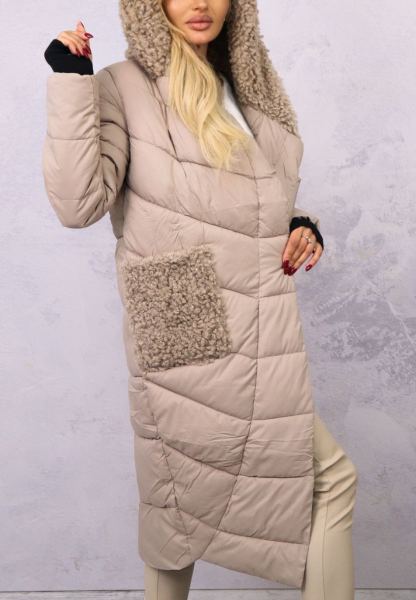 Longline Puffer Coat with Shearling Trim & Self-Tie Belt