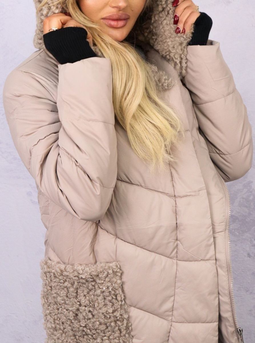 Longline Puffer Coat with Shearling Trim & Self-Tie Belt