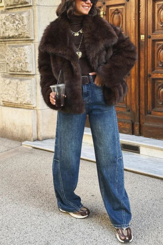 Short Faux Fur Coat with Wide Lapel Collar