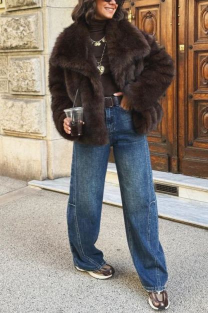 Short Faux Fur Coat with Wide Lapel Collar