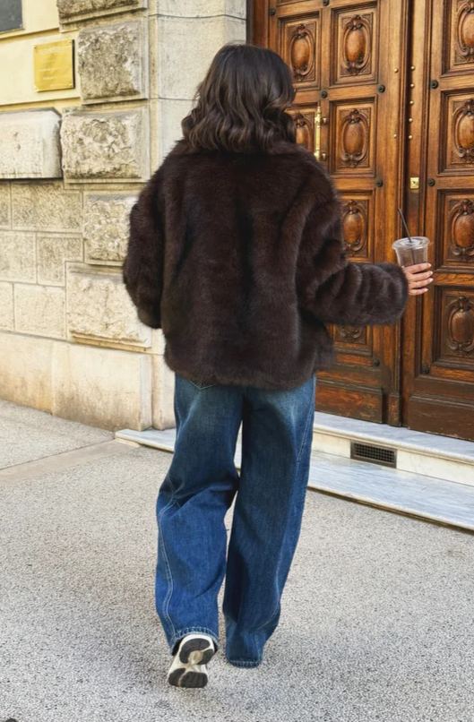 Short Faux Fur Coat with Wide Lapel Collar