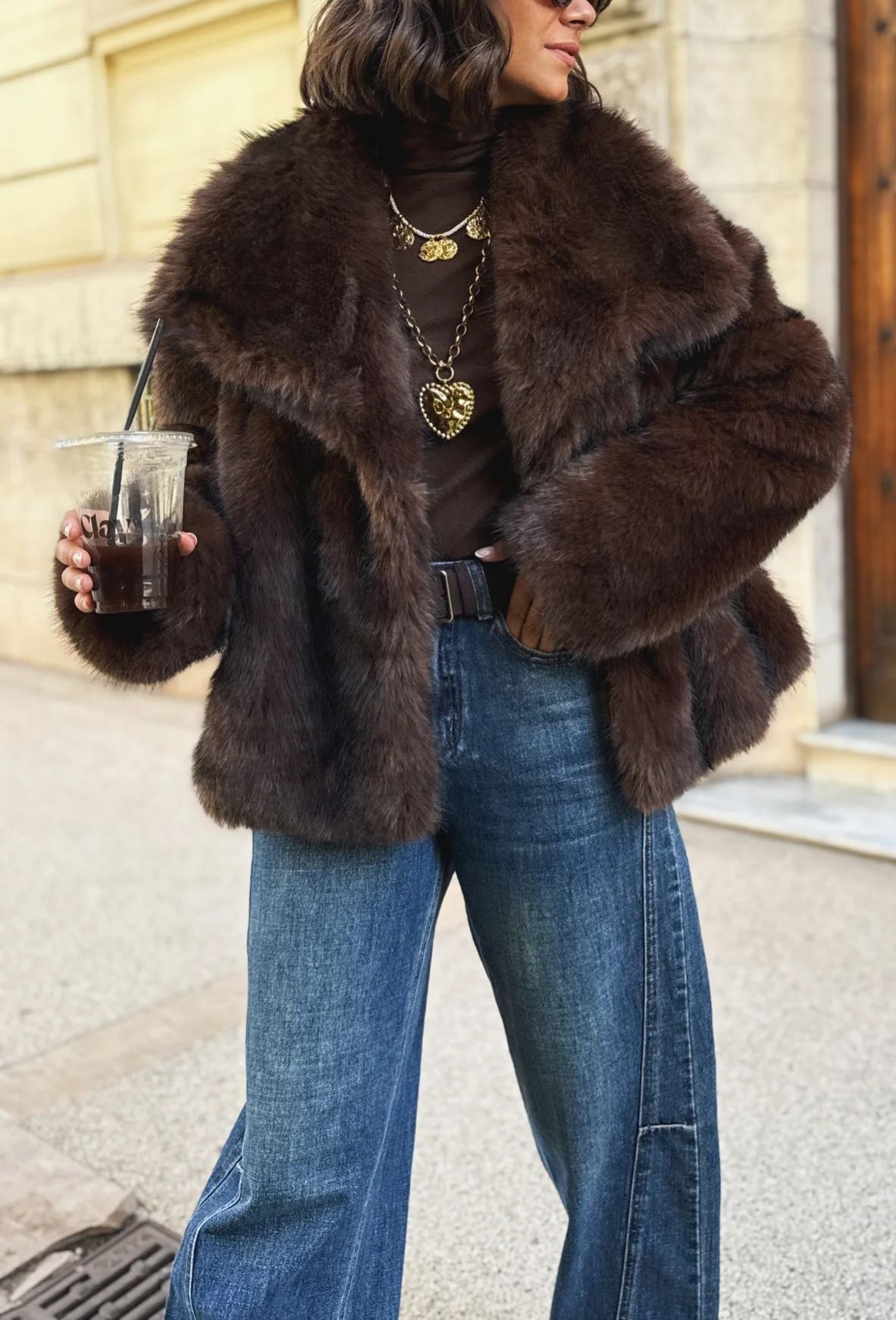 Short Faux Fur Coat with Wide Lapel Collar