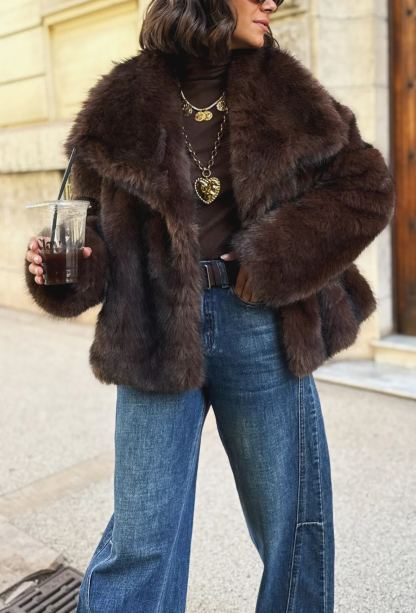 Short Faux Fur Coat with Wide Lapel Collar