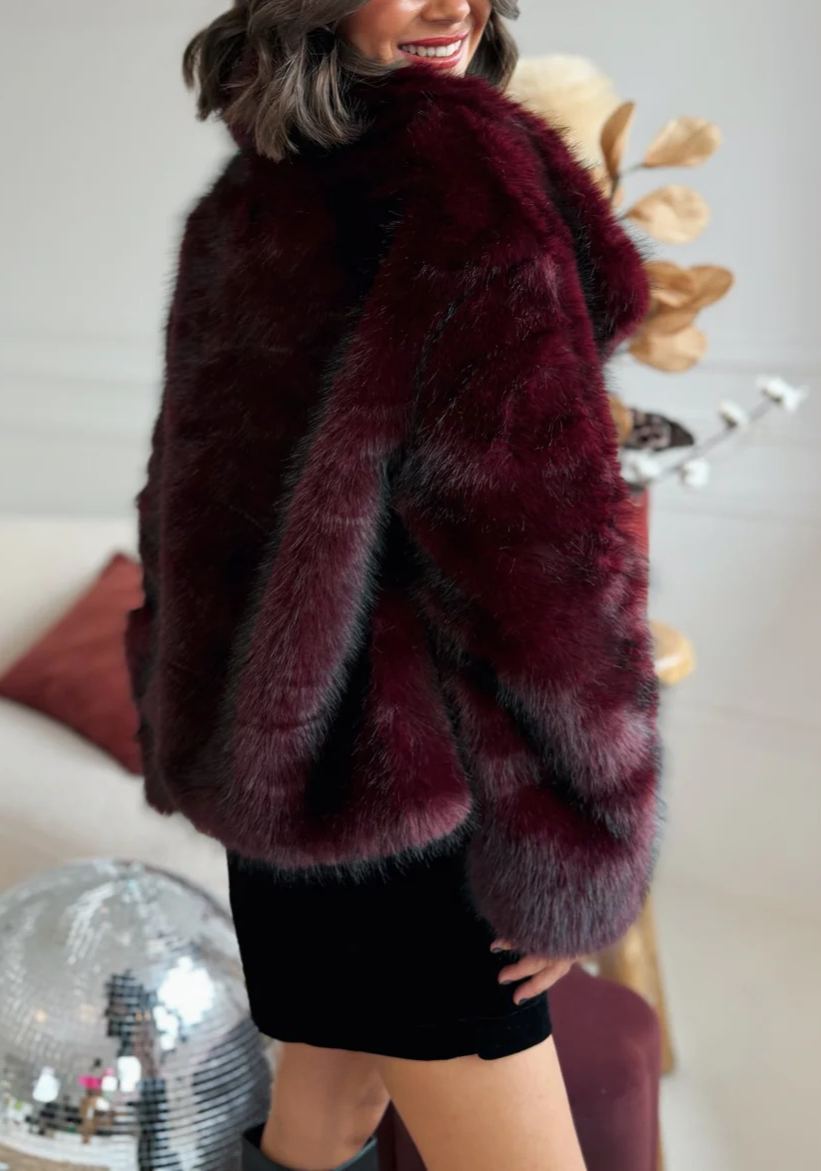 Short Faux Fur Coat with Wide Lapel Collar