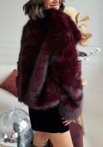 Short Faux Fur Coat with Wide Lapel Collar