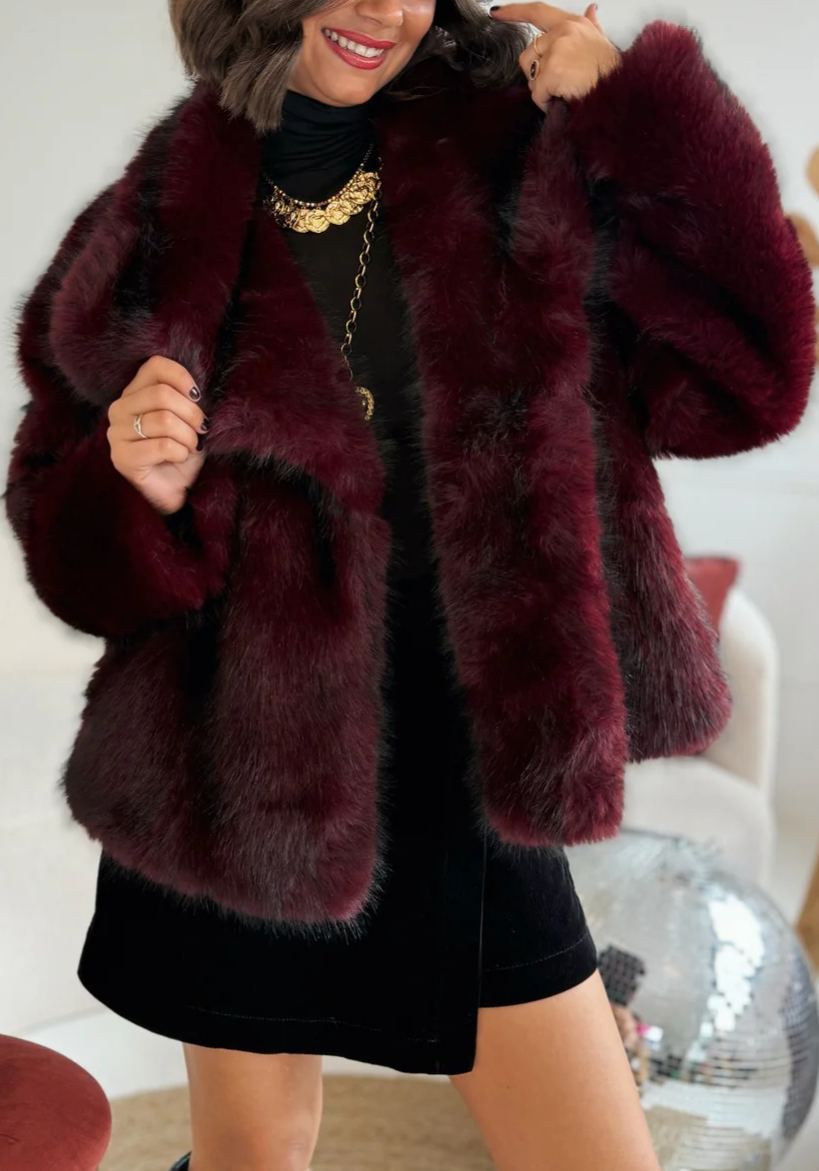 Short Faux Fur Coat with Wide Lapel Collar