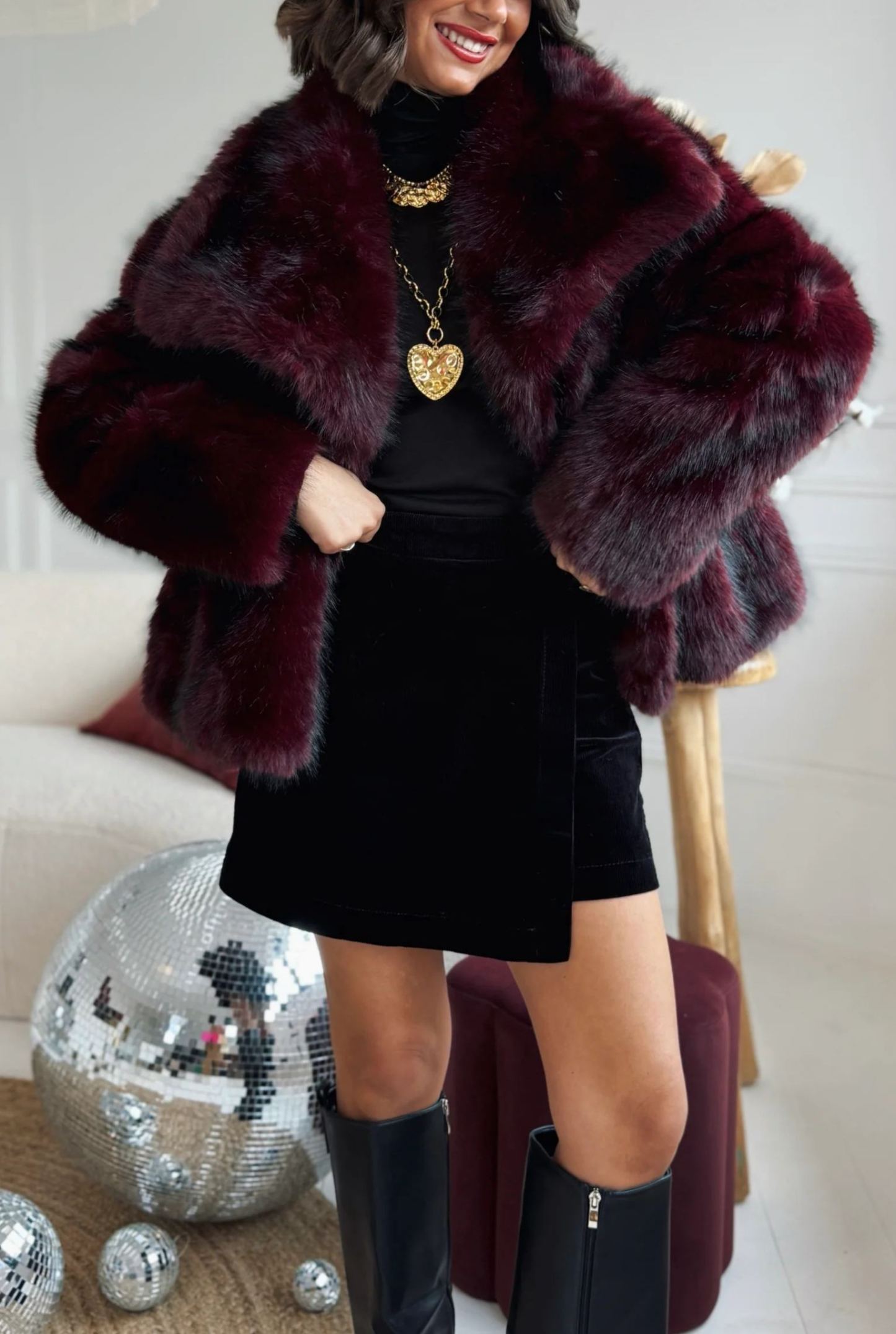 Short Faux Fur Coat with Wide Lapel Collar